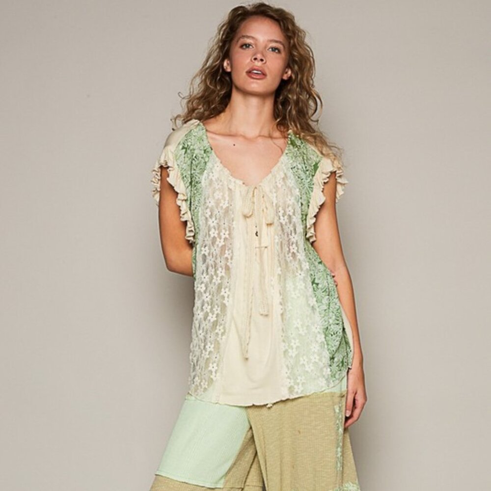 POL Cream and Green Lace Tunic